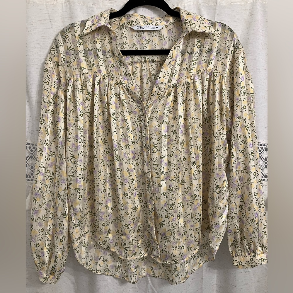 Zara Puff Sleeve Pleated Floral Print V-Neck Top Blouse Yellow Womens XS